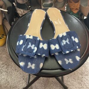Ann Taylor Sutton Buckle Slide Sandal Size 9.5 Blue Denim and white